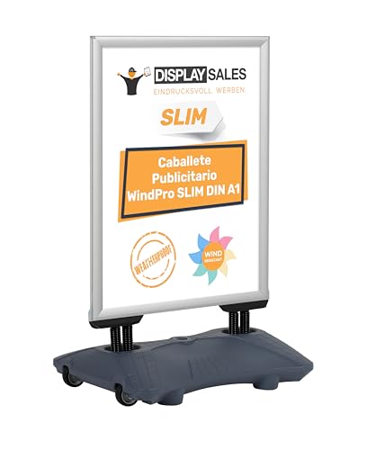 DISPLAY SALES Caballete publicidad exterior WindPro SLIM Caballete publicitario OUTDOOR en formato DIN A1 Soporte para cartel A1 en color plata Panel publicitario de doble cara para 2 carteles 0