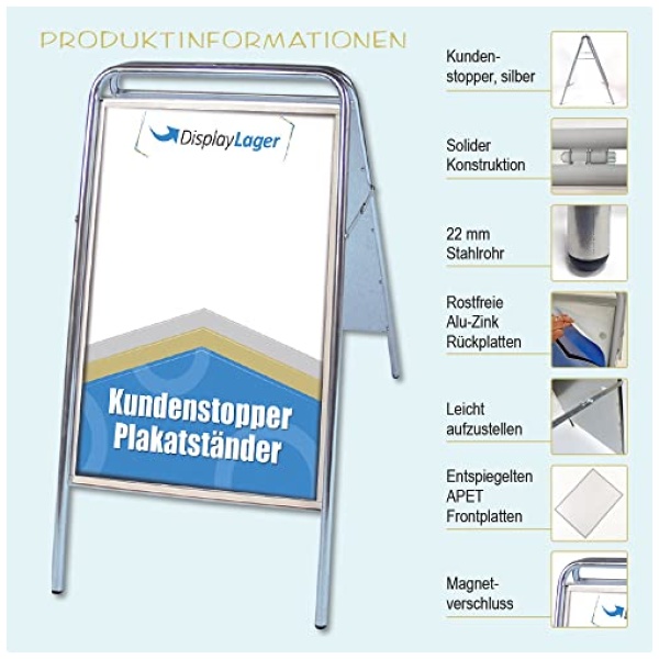 Displaylager Soporte para carteles plata acero Expo Sign 70x100 cm Caballete bifacial expositor publicitario Resistente a la intemperie con paneles frontales APETacrilico 0 0