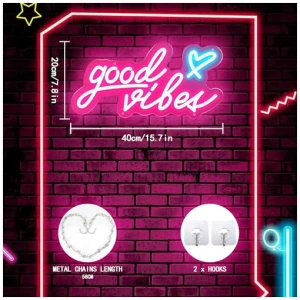 Good Vibes Letrero de Neon Neon Personalizado Rosa LED Word Neon Sign Letreros Decoracion de Pared Letrero Neon Luminoso Letras Luces Neon para Bar Pub Hogar Fiesta Boda 40 20cm 0 2