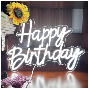 HFHungkeong Happy Birthday Neon Senales LuminosasLed Neon Personalizado Letrero Lampara decorativa de pared para cafeteria fiesta de aniversarioReutilizable y regulable alimentado por USBBlanco 0 0