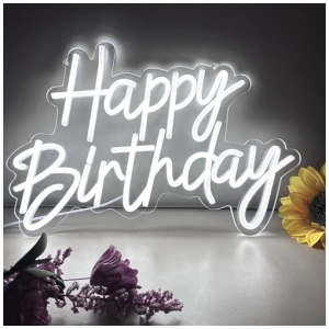 HFHungkeong Happy Birthday Neon Senales LuminosasLed Neon Personalizado Letrero Lampara decorativa de pared para cafeteria fiesta de aniversarioReutilizable y regulable alimentado por USBBlanco 0 2