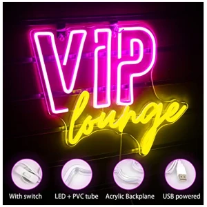 Letreros de neon VIP Lounge para decoracion de pared Luz de neon VIP para decoracion de habitacion Letrero de luz VIP con alimentacion USB para oficina hotel bar cafeteria tienda Rosa y amarillo 0 1