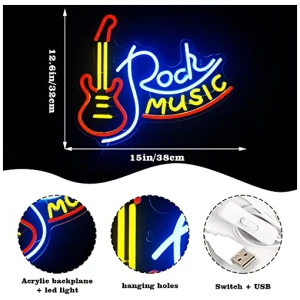 Looklight Rock Music Senales de neon para Decoracion de pared Guitar Led Luces de neon USB Music Senales de luz de neon para Dormitorio Sala de juego bar estudio de musica fiesta rockera 0 3