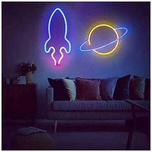 MULEVIP Pack de 2 Planeta Cohete Luces de Neon LEDLuces de Neon Senales para ParedDecoracion de Pared Funciona con Pilas o USBpara DormitorioHabitacion de NinosBarFiestaNavidadBoda 0 0