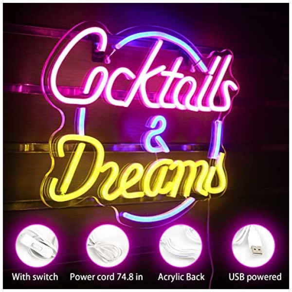 Wanxing Cocktail Dream Letreros de neon Rosa Azul Luz de neon USB Letras mas grandes Letrero de neon para dormitorio Hogar Bar Estudio Cerveza Club Tienda Ventana Boda Fiesta de cumpleanos 0 3