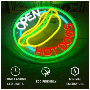 ineonlife Open Hot Dogs Letreros de Neon para Decoracion de Paredes Luces de Neon para Restaurante Regulables Led de Negocios para Tiendas Rapidas Fiesta Regalo Luces Decorativas 5V2A USB 0 1