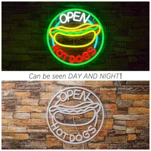 ineonlife Open Hot Dogs Letreros de Neon para Decoracion de Paredes Luces de Neon para Restaurante Regulables Led de Negocios para Tiendas Rapidas Fiesta Regalo Luces Decorativas 5V2A USB 0 2