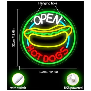 ineonlife Open Hot Dogs Letreros de Neon para Decoracion de Paredes Luces de Neon para Restaurante Regulables Led de Negocios para Tiendas Rapidas Fiesta Regalo Luces Decorativas 5V2A USB 0 3